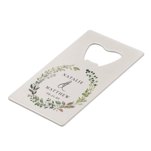 Rustige bladeren met herfst winterbruiloft creditkaart flessenopener (Voorkant Gekanteld)