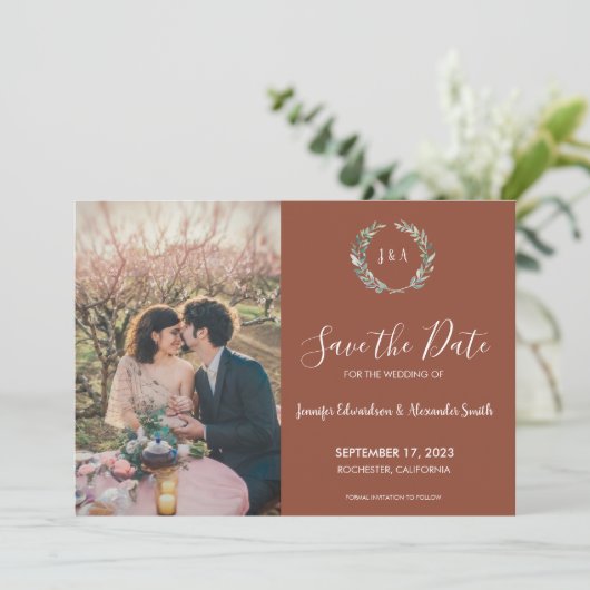 Rustige bladeren monogram foto Save the Date Kaart (Staand voorkant)