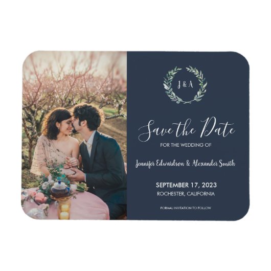 Rustige bladeren monogram foto Save the Date Magneet (Horizontaal)