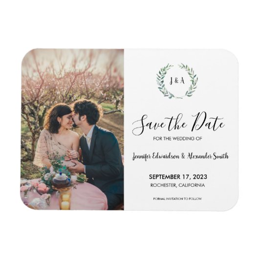 Rustige bladeren monogram foto Save the Date Magneet (Horizontaal)