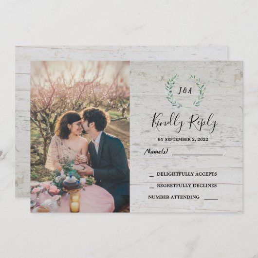 Rustige bladeren op monogram foto RSVP Wedding Kaart (Voorkant / Achterkant)