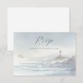Rustige Blauwe Aquarel Vuurtoren RSVP Kaartje (Voorkant / Achterkant)