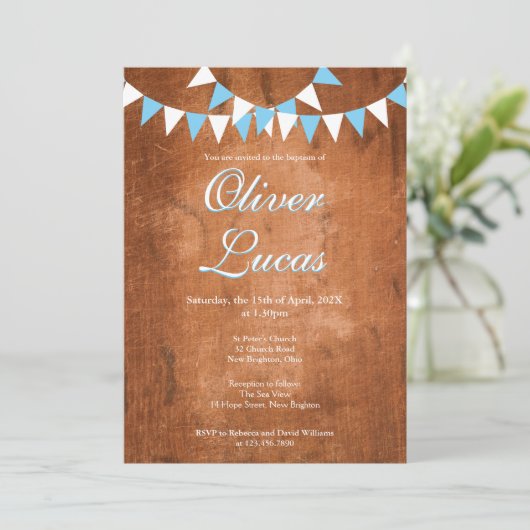 Rustige blauwe bunting doopfeest uitnodiging voor  (Staand voorkant)