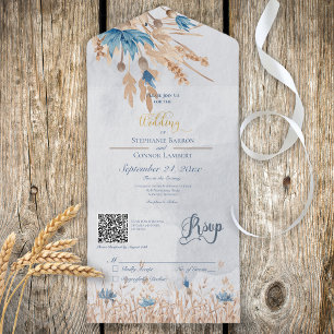 Rustige blauwe cornbloemen & Wheat Blue QR Code All In One Uitnodiging