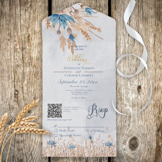 Rustige blauwe cornbloemen & Wheat Blue QR Code All In One Uitnodiging