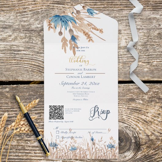 Rustige Blauwe Cornbloemen & Wheat White QR Code All In One Uitnodiging
