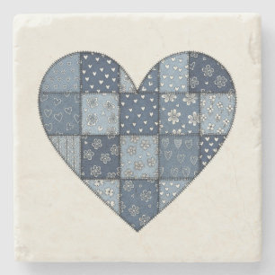 Rustige Blauwe Denim Patchwork Hart Illustratie Stenen Onderzetter
