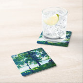 Rustige blauwe en groene Tulaby Lakeside Bench Kartonnen Onderzetters (Insitu)