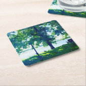 Rustige blauwe en groene Tulaby Lakeside Bench Kartonnen Onderzetters (Schuin)