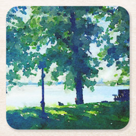 Rustige blauwe en groene Tulaby Lakeside Bench Kartonnen Onderzetters