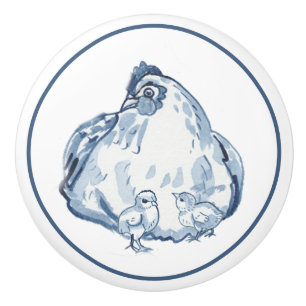 Rustige Blauwe en witte kip Hen Country Delft Keramische Knop