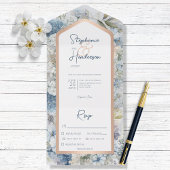 Rustige Blauwe Floral & Roos Gold Dinner All In One Uitnodiging