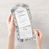 Rustige Blauwe Floral & Roos Gold Geen diner All In One Uitnodiging (Afscheurbaar)