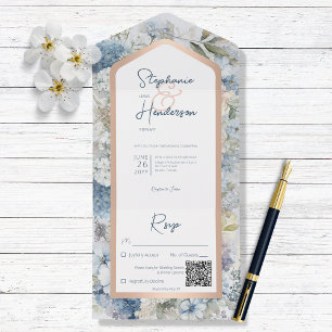 Rustige Blauwe Floral & Roos Gold QR-code All In One Uitnodiging