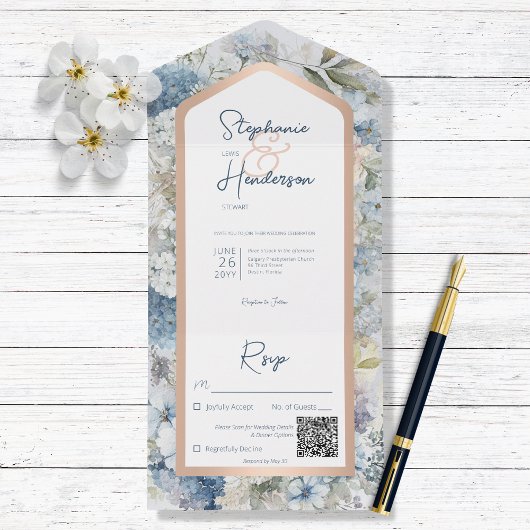 Rustige Blauwe Floral & Roos Gold QR-code All In One Uitnodiging
