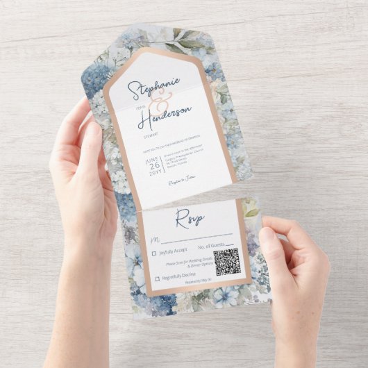 Rustige Blauwe Floral & Roos Gold QR-code All In One Uitnodiging (Afscheurbaar)
