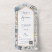 Rustige Blauwe Floral & Roos Gold QR-code All In One Uitnodiging (Binnen)