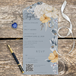 Rustige Blauwe Geel en Witte Floral Blue QR Code All In One Uitnodiging