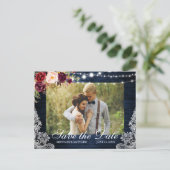 Rustige Blauwe Hout Floral Lights Sla de datum op Briefkaart (Staand voorkant)