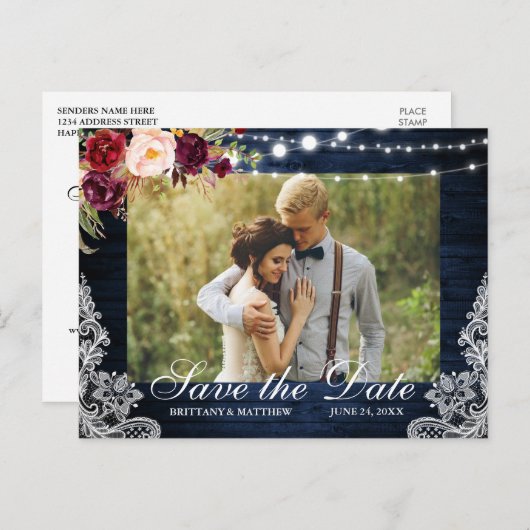 Rustige Blauwe Hout Floral Lights Sla de datum op Briefkaart (Voorkant / Achterkant)