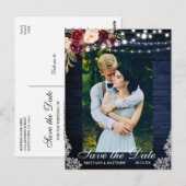 Rustige Blauwe Hout Floral Lights Sla de datum op Briefkaart (Voorkant / Achterkant)