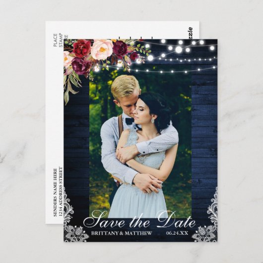 Rustige Blauwe Hout Floral Lights Sla de datum op Briefkaart (Voorkant / Achterkant)