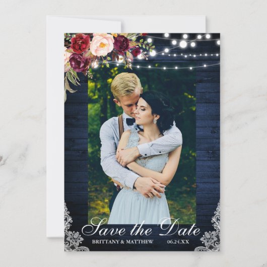 Rustige Blauwe Hout Floral Lights Sla de datum op Save The Date (Voorkant)