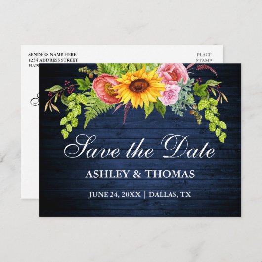 Rustige Blauwe Hout Zonnebloem Versla de datum Uitnodiging Briefkaart (Voorkant / Achterkant)