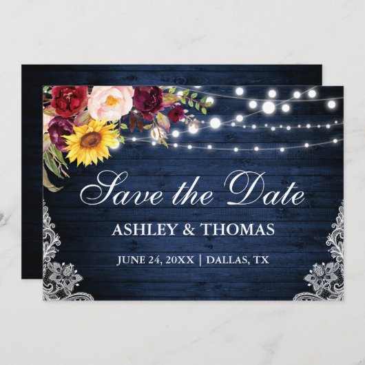 Rustige Blauwe Houtlampjes Gemengde Floral kant Save The Date (Voorkant / Achterkant)