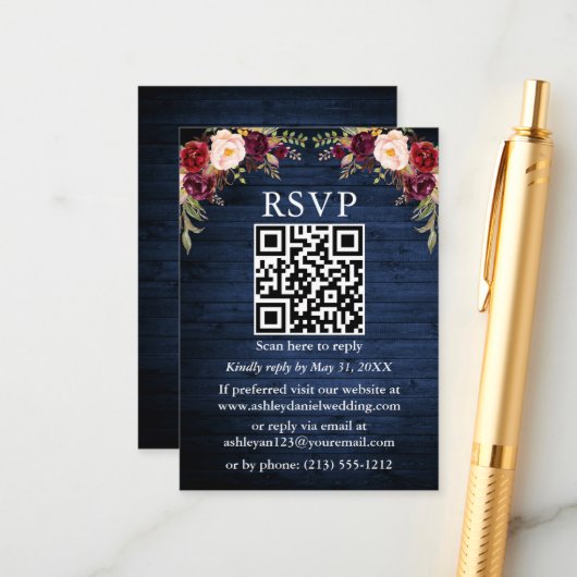 Rustige Blauwe Waterverf Floral QR RSVP Informatiekaartje (Voorkant / Achterkant in situ)