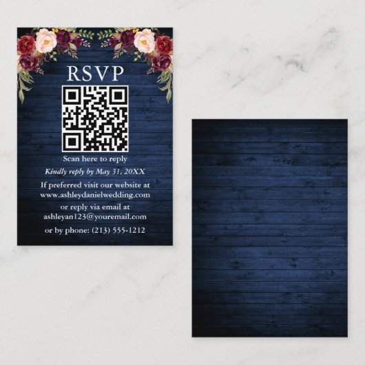 Rustige Blauwe Waterverf Floral QR RSVP Informatiekaartje (Voorkant / Achterkant)