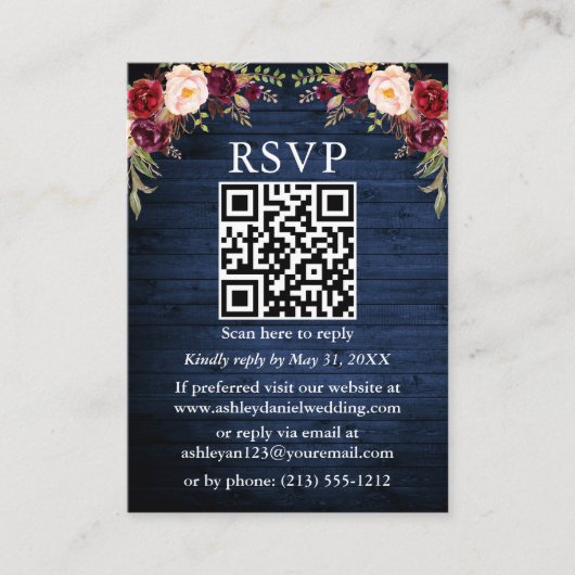 Rustige Blauwe Waterverf Floral QR RSVP Informatiekaartje (Voorkant)