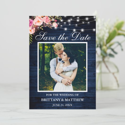 Rustige Blauwe Waterverf Roze flessenverlichting Save The Date (Staand voorkant)