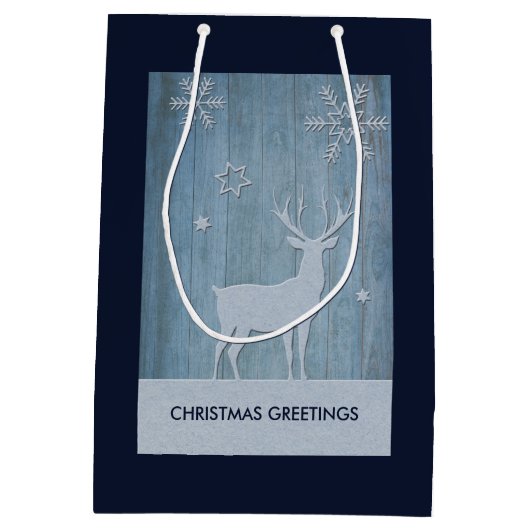 Rustige Blauwe Wood Reindeer Country Kerstmis Medium Cadeauzakje (Achterkant)