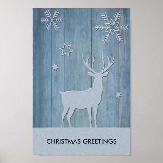 Rustige Blauwe Wood Reindeer Country Kerstmis Poster (Voorkant)