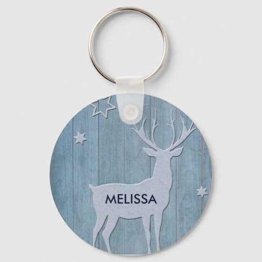 Rustige Blauwe Wood Reindeer Country Kerstmis Sleutelhanger (Voorkant)