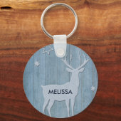 Rustige Blauwe Wood Reindeer Country Kerstmis Sleutelhanger (Voorkant)