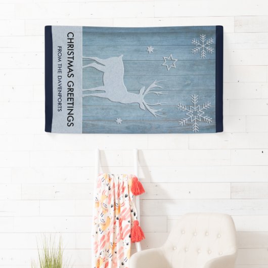 Rustige Blauwe Wood Reindeer Country Kerstmis Spandoek (Insitu)