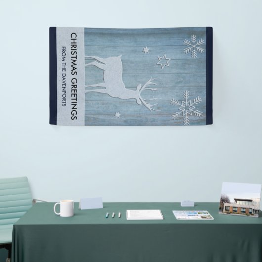 Rustige Blauwe Wood Reindeer Country Kerstmis Spandoek (Beurs)