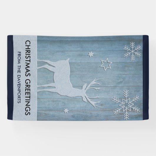 Rustige Blauwe Wood Reindeer Country Kerstmis Spandoek (Horizontaal)