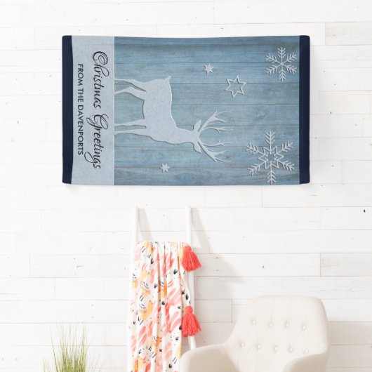 Rustige Blauwe Wood Reindeer Country Kerstmis Spandoek (Insitu)