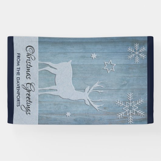 Rustige Blauwe Wood Reindeer Country Kerstmis Spandoek (Horizontaal)