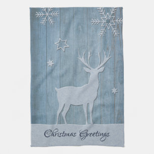Rustige Blauwe Wood Reindeer Country Kerstmis Theedoek