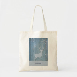 Rustige Blauwe Wood Reindeer Country Kerstmis Tote Bag