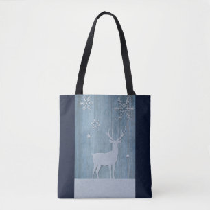 Rustige Blauwe Wood Reindeer Country Kerstmis Tote Bag