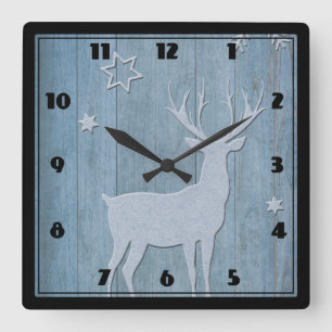 Rustige Blauwe Wood Reindeer Country Kerstmis Vierkante Klok