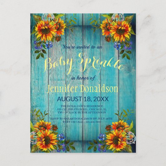 Rustige Blauwe Zonnebloem Baby Uitnodiging (Voorkant)