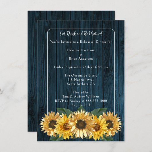 Rustige Blauwe Zonnebloemrepetitie Dinner Kaart (Voorkant / Achterkant)