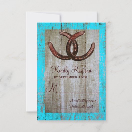 Rustige Blauwgroen Barn Wood Hoefijzer Wedding RSV RSVP Kaartje (Voorkant)
