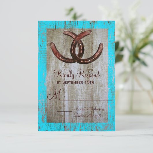 Rustige Blauwgroen Barn Wood Hoefijzer Wedding RSV RSVP Kaartje (Staand voorkant)